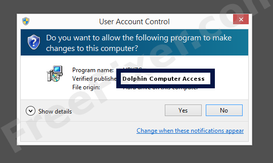 Screenshot where Dolphin Computer Access appears as the verified publisher in the UAC dialog